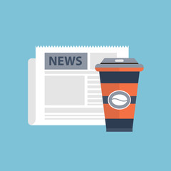 Cup of coffee with newspaper. Coffee time, coffee break concept. Flat vector illustration.