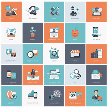 Set of flat design icons for business, pay per click, creative process, searching, web analysis, time is money, digital marketing. Icons for website development and mobile phone services and apps.
