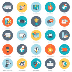 Set of flat design icons for business, pay per click, creative process, searching, web analysis, time is money, on line shopping. Icons for website development and mobile phone services and apps.