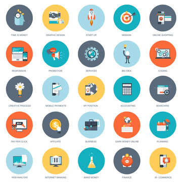 Set of flat design icons for business, pay per click, creative process, searching, web analysis, time is money, on line shopping. Icons for website development and mobile phone services and apps.