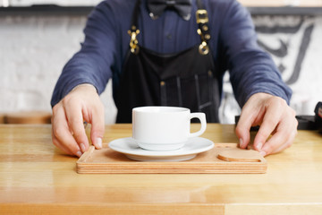 Portrait of young barman at coffee shop counter
