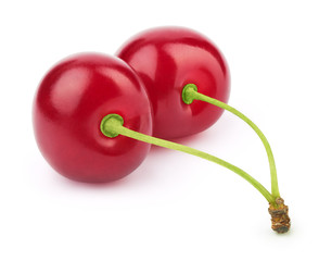 Two fresh cherries berry isolated on the white background with clipping path. One of the best isolated cherries that you have seen.
