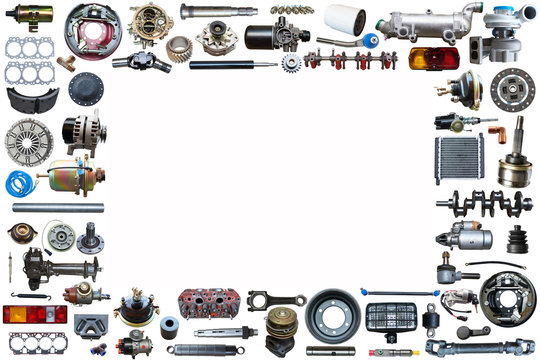 Spare parts car on the white background set. Frame for advertising and assembled from auto parts, spare parts. 