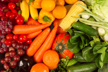 Diet and vegetarian food health care and wellness of multicolored of fresh vegetable and fruits background, grocery and healthy eating concept.