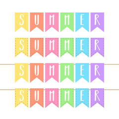 Summer colorful vector writing on flags, rainbow garland. Cute summer bunting design for banner, poster, invitation, greeting card.