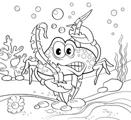 Cartoon crab. Underwater world. Black and white vector illustration for coloring book