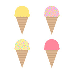 Different types of ice cream, cute vector icon set. Scoop of vanilla or strawberry sweet ice cream in waffle cone. Ice cream topped with colorful rainbow sprinkles.
