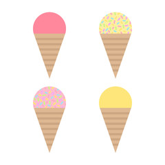 Different types of ice cream, cute vector icon set. Scoop of vanilla or strawberry sweet ice cream in waffle cone. Ice cream topped with colorful rainbow sprinkles.