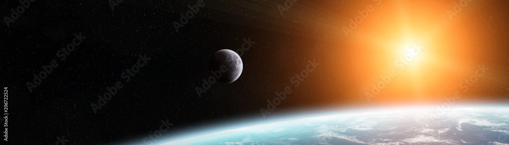 Wall mural panoramic view of planet earth with the moon 3d rendering elements of this image furnished by nasa