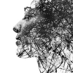 Paintography. Double Exposure portrait of a seductive ethnic woman's profile combined with hand drawn ink painting created using unique technique. black and white