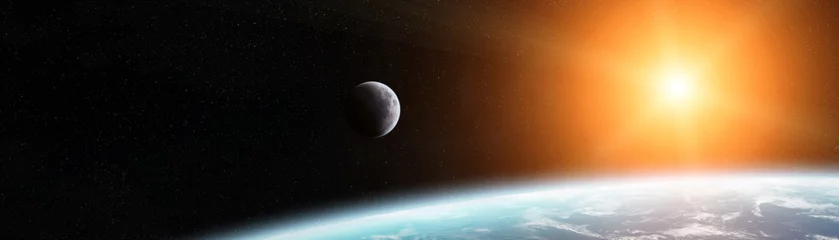 Rolgordijnen Panoramisch zicht op de planeet Aarde met de maan 3D-renderingelementen van deze afbeelding geleverd door NASA © sdecoret