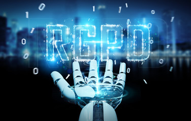 White cyborg hand using digital GDPR interface 3D rendering