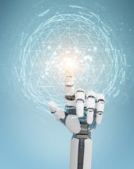 White robot hand using digital triangle exploding sphere hologram 3D rendering