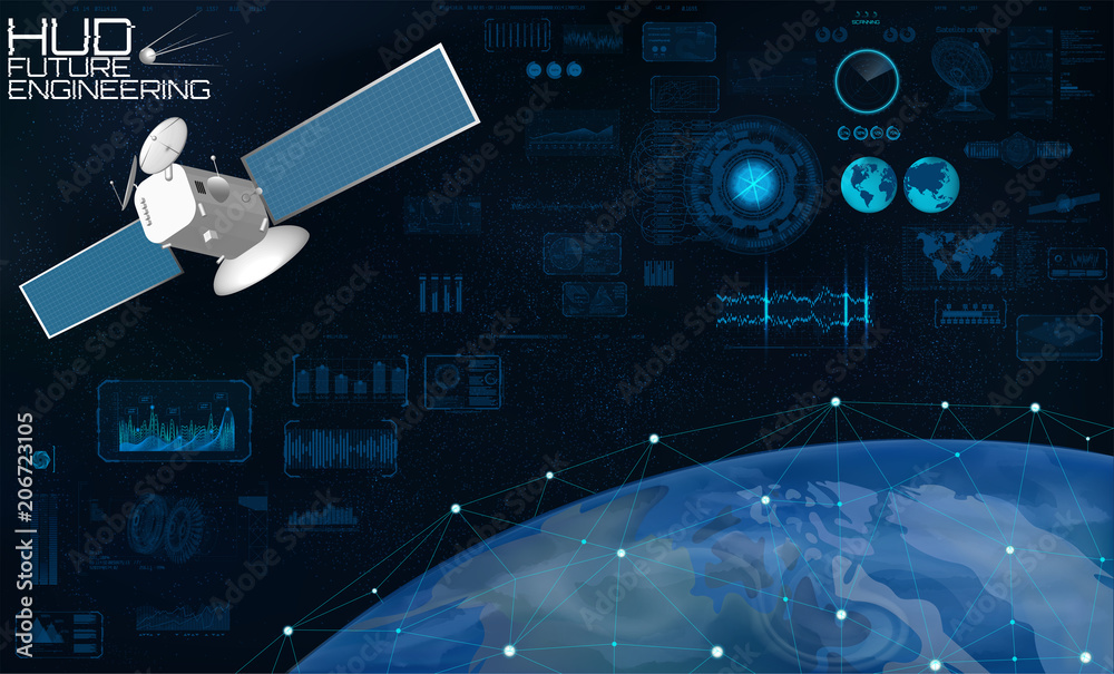 Poster Satellite and Network data exchange over planet earth in Hud style. The concept of Internet connection. Global communication sky-fi in HUD style. Technology Elements Set (data and statistic)