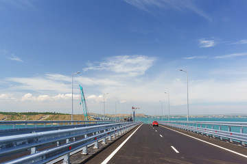 Cars on the Crimean bridge across the Kerch Strait
