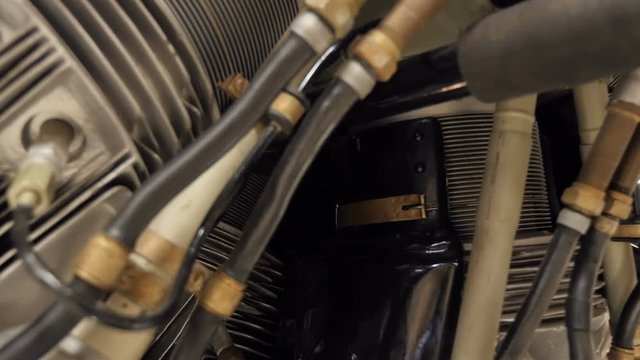 Aircraft construction. Close-up piston engine aircraft with radiators and pipes
