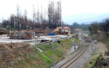 vía del tren a su paso por As Neves en Galicia después de un incendio forestal