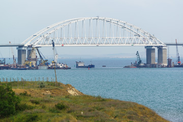 Shipping arch span Crimean bridge across the Kerch Strait