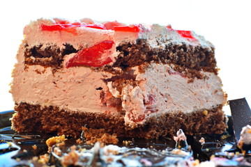 Big piece of sweet cocoa chocolate cake with layers of white cream and pink berry jam on black plate with crumb. White background