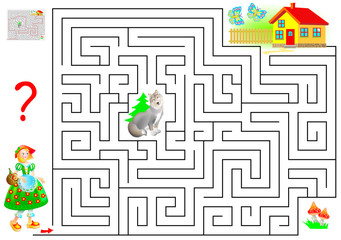 Logic puzzle game with labyrinth for children and adults. Help the Little Red Riding Hood find the way to her grandmother's house. Vector cartoon image.