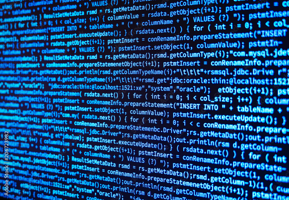 Poster program source computer data code on monitor screen on blue background. 3d illustration.