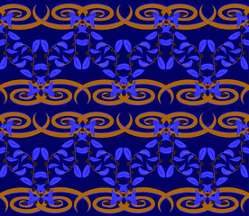 Seamless pattern with blue national background of geometric and gold floral ornaments. Vector illustration could be used for background, dishes, textile, house interior or wallpaper.