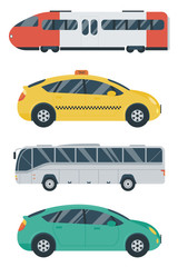Public transportation icons. Train, bus, taxi, car. City transport concept. Vector