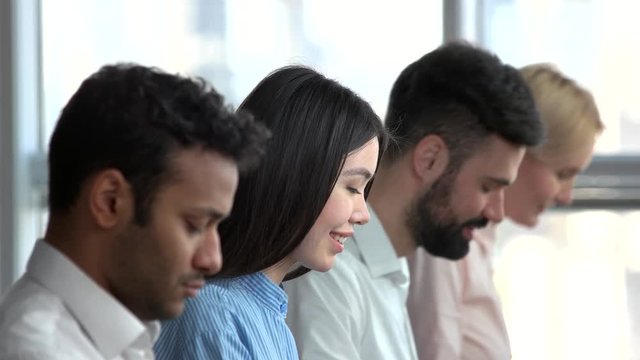 Young cheerful asian female programmer face. Adorable asian girl in office recieved good news.