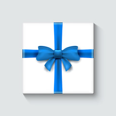 White gift box with blue ribbon. Celebration decoration design illustration. Holiday package element