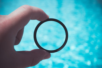 photo filter in the man's hands near the pool close-up