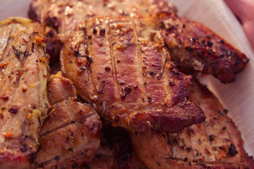 grilled beef steak on wooden plate, outdoor
