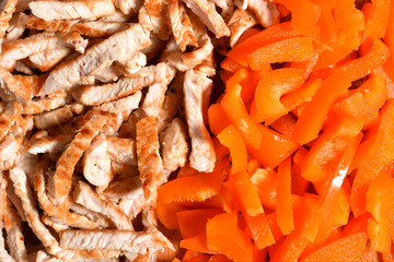 Fried and chopped chicken or turkey meat and chopped sweet peppers. Ingredients