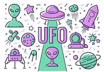 Vector set of icons and illustrations on the subject of UFOs in the style of flat.