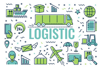 Vector set of icons, infographics on logistics. Vector illustration in flat style.