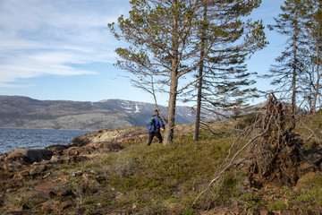 Happy walking in forest in Northern Norway
