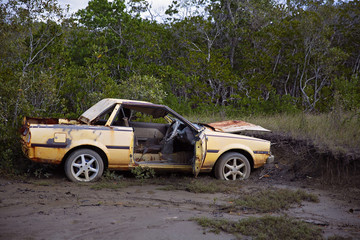 Fototapeta na wymiar Abandoned Wrecked Car Left In Mud In Bushland