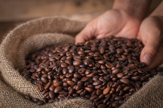 Hands on a sack of coffee beans