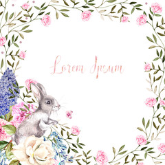 Beautiful watercolor greeting card with Easter bunnies. With flowers of roses, lilacs, peony and butterflies. 
