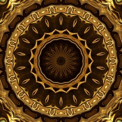 Abstract gold rich ornament. Sacred geometry art. Luxury kaleidoscopic golden mandala artwork. Fractal artistic decor. Creative pattern for print matter. Template for decoration of design products.