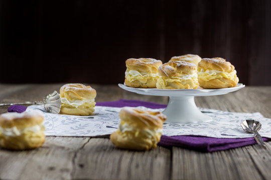 Many Small wreaths with whipped cream (traditional Czech dessert - "venecky")
