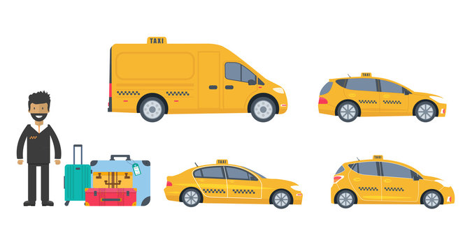 Collection of machine yellow cab, truck,  driver and baggage isolated on white background.