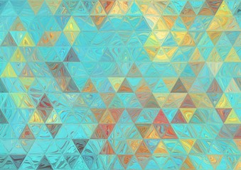 Turquoise and gold faded triangles texture. Abstract wallpaper. Creative pattern for any printed production, print on fabric, canvas, paper and ceramic. Template for decoration of design products.