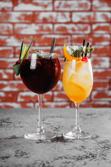 Red and white wine sangria with ice.