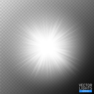 White glowing light burst explosion on transparent background. Vector illustration light effect decoration with rays. Bright star. Translucent shine sun, design element flare. Center vibrant flash.