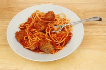 Spaghetti meatballs on a tabletop