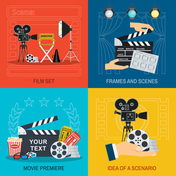 Movie making and premiere concept. Flat vector cartoon illustration. Objects isolated on a white background.