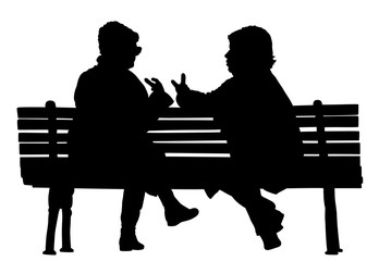 Women gossip at the break. Senior lady friends sitting on bench and talking in public park. Grandmothers spread rumors vector silhouette illustration. Backbite senior girls. Outdoor relaxation.