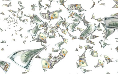 Flying dollars banknotes isolated on a white background. Money is flying in the air. 100 US banknotes new sample. 3D illustration