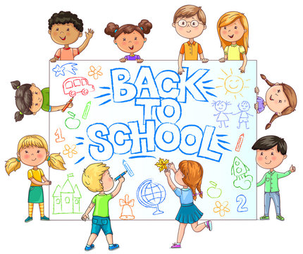 Cute Kids hold banner back to school with painted childrens drawing