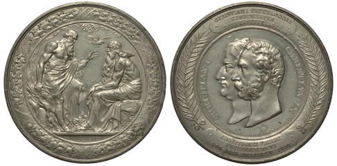 Denmark Danish medal 400th anniversary of Copenhagen University, Odin consults with guardian of well of wisdom Mimir,  conjoined heads of Christian I and Christian IX, tin,